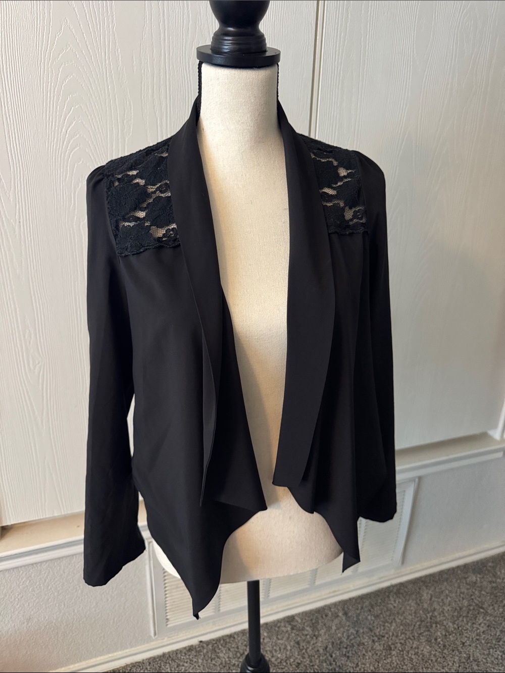Black Lace-Trim Open Front Women's Jacket